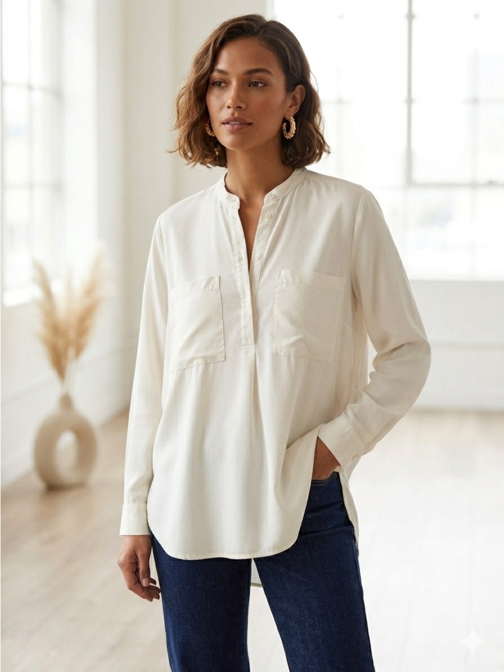 Magali Pascal Cream 100% Silk Relaxed Utility Tunic Blouse - Large